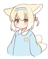 Rule 34 | 1girl, :&lt;, absurdres, aged down, animal ears, arknights, blonde hair, blush, closed mouth, duplicate, fox ears, fox girl, fox tail, green eyes, hairband, highres, kindergarten uniform, long sleeves, multiple tails, pixel-perfect duplicate, ryoku sui, short hair, simple background, solo, suzuran (arknights), tail, white background