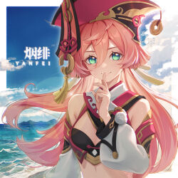 Rule 34 | 1girl, bare shoulders, breasts, character name, cleavage, commentary request, crop top, detached sleeves, genshin impact, green eyes, hand up, highres, long hair, long sleeves, looking at viewer, midriff, ocean, pink hair, pom pom (clothes), red headwear, small breasts, smile, solo, upper body, very long hair, vongola x, water, yanfei (genshin impact)