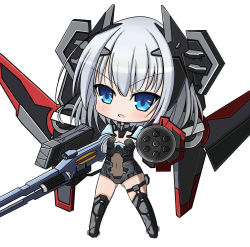 Rule 34 | 10s, 1girl, aabb955086aabb, armor, backpack, bad id, bad pixiv id, bag, blue eyes, bodysuit, breasts, chibi, cleavage, date a live, gun, headgear, highres, medium breasts, short hair, silver hair, solo, thigh strap, tobiichi origami, weapon, white background