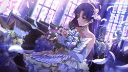 Rule 34 | 1girl, bare shoulders, blue flower, blue hair, blush, bouquet, bride, brown eyes, church, dress, earrings, elbow gloves, feathers, flower, frilled dress, frills, gloves, hair flower, hair ornament, holding, holding bouquet, idolmaster, idolmaster (classic), idolmaster million live!, idolmaster million live! theater days, indoors, jewelry, kisaragi chihaya, long hair, narumi arata, necklace, official art, pink flower, sleeveless, sleeveless dress, smile, solo, stained glass, strapless, strapless dress, sunlight, wedding dress, white dress, white flower, white gloves, window