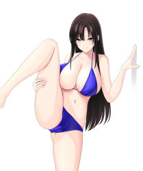 Rule 34 | 1girl, absurdres, bare arms, bare legs, barefoot, bikini, black hair, blue bikini, breasts, cleavage, closed mouth, collarbone, commentary, highres, large breasts, leg up, long hair, looking at viewer, marui koishi, navel, original, purple eyes, sidelocks, simple background, smile, solo, standing, standing on one leg, swimsuit, thighs, white background