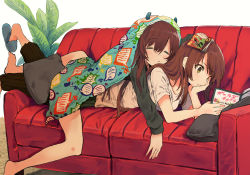 Rule 34 | 2girls, :o, arm support, barefoot, black pants, black shirt, blue footwear, blush, brown eyes, brown hair, closed eyes, closed mouth, commentary request, couch, fake horns, feet out of frame, hair between eyes, head rest, highres, horns, idolmaster, idolmaster shiny colors, long hair, long sleeves, lying, lying on person, mieharu, multiple girls, on couch, on stomach, osaki amana, osaki tenka, pants, parted lips, pillow, reading, shirt, short sleeves, siblings, sisters, slippers, twins, very long hair, white background, white shirt