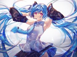 Rule 34 | 1girl, alternate eye color, arms up, ayatsuki sugure, bare shoulders, black skirt, black sleeves, blue hair, blue necktie, commentary, crying, crying with eyes open, detached sleeves, floating hair, grey shirt, hair ornament, hatsune miku, headphones, headset, highres, long hair, looking at viewer, miniskirt, necktie, parted lips, pink eyes, pleated skirt, shirt, skirt, sleeveless, sleeveless shirt, solo, tears, twintails, twitter username, upper body, very long hair, vocaloid