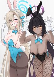 Rule 34 | 2girls, animal ears, asuna (blue archive), asuna (bunny) (blue archive), bare shoulders, black hair, black pantyhose, blonde hair, blue archive, blue bow, blue bowtie, blue eyes, blue halo, blue leotard, blush, bow, bowtie, breasts, cleavage, collarbone, commentary, covered navel, cowboy shot, dark-skinned female, dark skin, detached collar, elbow gloves, english commentary, fake animal ears, fake tail, fishnet pantyhose, fishnets, gloves, grin, halo, hand up, hanging breasts, highleg, highleg leotard, highres, karin (blue archive), karin (bunny) (blue archive), large breasts, leotard, long hair, looking at viewer, magui3, mole, mole on breast, multiple girls, official alternate costume, official alternate hairstyle, pantyhose, parted bangs, playboy bunny, ponytail, purple halo, rabbit ears, rabbit pose, rabbit tail, simple background, smile, strapless, strapless leotard, tail, thighband pantyhose, very long hair, white background, white gloves, white wrist cuffs, wrist cuffs, yellow eyes