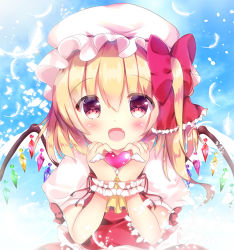 Rule 34 | 1girl, :d, blue sky, blush, bow, cloud, commentary request, crystal, day, fang, feathers, flandre scarlet, hair between eyes, hair bow, hat, heart, heart hands, long hair, looking at viewer, mob cap, one side up, open mouth, outdoors, puffy short sleeves, puffy sleeves, red bow, red eyes, red ribbon, red vest, ribbon, rikatan, shirt, short sleeves, sky, smile, solo, touhou, vest, white feathers, white hat, white shirt, white wings, wings, wrist cuffs