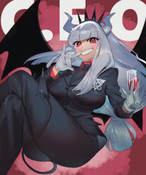 Rule 34 | 1girl, black tail, breasts, cup, demon girl, demon horns, demon tail, drinking glass, formal, gloves, helltaker, highres, horns, itami (maemukina do), large breasts, long hair, looking at viewer, low-tied long hair, lucifer (helltaker), mole, mole under eye, necktie, red eyes, red shirt, shirt, solo, suit, tail, white hair, white horns, wine glass, wings