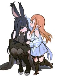 Rule 34 | 2girls, alternate species, animal ears, arm up, ascot, bare shoulders, black ascot, black choker, black footwear, black hair, black jacket, black pantyhose, blue eyes, blunt bangs, blush, boots, bow, chinese commentary, choker, clothing cutout, collarbone, commentary request, crossed arms, dress, dress bow, final fantasy, final fantasy xiv, fishnet pantyhose, fishnets, from side, full body, gaia (ff14), hand on another&#039;s ear, height difference, highres, jacket, knee boots, lalafell, legwear garter, long hair, long sleeves, multiple girls, off shoulder, open mouth, orange hair, pantyhose, platform footwear, pointy ears, profile, puffy long sleeves, puffy sleeves, rabbit ears, ryne waters, shoulder cutout, simple background, smile, square enix, squatting, standing, standing on one leg, toeless footwear, viera, white background, white dress, wuliu heihuo