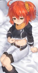 Rule 34 | 1girl, absurdres, ahoge, arm support, bed, belt, bike shorts, bike shorts under shorts, black footwear, blue shirt, blush, bodysuit, bodysuit under clothes, boots, breasts, brown belt, command spell, commentary request, crop top, fate/grand order, fate (series), fujimaru ritsuka (female), fujimaru ritsuka (female) (true ether chaldea uniform), groin, hair ornament, hair scrunchie, highres, knee boots, looking down, medium breasts, midriff, monosenbei, navel, nose blush, official alternate costume, on bed, one side up, orange eyes, orange hair, orange scarf, orange scrunchie, pillow, scarf, scrunchie, shirt, shirt tug, shorts, shorts under shorts, side ponytail, sidelocks, sitting, solo, sweatdrop, white shorts, wristband