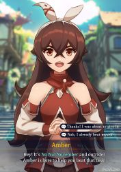 Rule 34 | 1girl, absurdres, amber (genshin impact), bare shoulders, belt, blurry, blurry background, brown hair, character name, detached sleeves, dialogue box, dialogue options, english text, gameplay mechanics, genshin impact, hair between eyes, hairband, highres, long hair, long sleeves, looking at viewer, midriff, navel, no nut november, nowlasd, open clothes, open mouth, orange eyes, outdoors, parody, shorts, sky, solo, stomach, talking, talking, white hairband, yandere