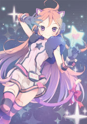 Rule 34 | 1girl, ahoge, android, animal ears, belt, cat ears, cat tail, dress, gloves, headphones, index finger raised, joints, kneehighs, long hair, outstretched hand, red eyes, red hair, robot joints, sf-a2 miki, smile, socks, solo, star (symbol), striped clothes, striped gloves, striped socks, striped thighhighs, tail, thighhighs, tiru, vocaloid, wrist cuffs