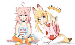 Rule 34 | 2girls, :3, ahoge, animal ear fluff, animal ears, asymmetrical legwear, bare arms, bare shoulders, blue eyes, blush, butterfly sitting, cat ears, choker, clothes writing, commentary request, controller, detached sleeves, food, food in mouth, fox ears, fox tail, game controller, hair bobbles, hair ornament, hairclip, hakama, hakama short skirt, hakama skirt, hinata channel, japanese clothes, kemomimi oukoku kokuei housou, leaning, leaning to the side, long hair, looking at viewer, low twintails, midriff, mikoko (kemomimi oukoku kokuei housou), mitya, mouth hold, multiple girls, navel, nekomiya hinata, nontraditional miko, over-kneehighs, parted lips, pink hair, popsicle, red skirt, ribbon-trimmed legwear, ribbon trim, shadow, simple background, sitting, skirt, striped clothes, striped legwear, striped thighhighs, tail, tank top, thighhighs, twintails, twitter username, two side up, uneven legwear, virtual youtuber, watch, white background, white legwear, wide sleeves, wristwatch