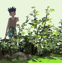 Rule 34 | 1boy, black hair, fishing rod, gon freecss, green theme, hand up, holding, holding fishing rod, hunter x hunter, male focus, mito tomiko, outdoors, outstretched hand, plant, sleeveless, smile, solo, spiked hair