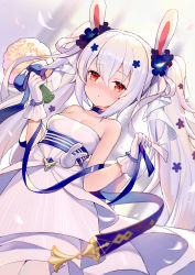 Rule 34 | 1girl, absurdres, animal ears, azur lane, bare shoulders, blue choker, blue flower, blue ribbon, blush, bouquet, breasts, choker, closed mouth, collarbone, commentary request, dress, flower, gloves, hair between eyes, hair flower, hair ornament, hair ribbon, highres, holding, holding bouquet, laffey (azur lane), laffey (white rabbit&#039;s oath) (azur lane), long hair, mo xiaoxue, nose blush, rabbit ears, red eyes, ribbon, see-through, sidelocks, small breasts, solo, strapless, strapless dress, twintails, very long hair, wedding dress, white dress, white gloves, white hair, white ribbon