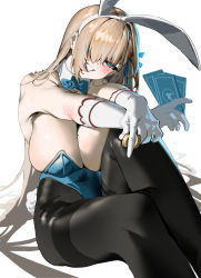 Rule 34 | 1girl, absurdres, animal ears, asuna (blue archive), asuna (bunny) (blue archive), black pantyhose, blue archive, blue eyes, blue ribbon, breasts, card, cleavage, coin, fake animal ears, fake tail, gloves, hair over one eye, hair ribbon, highres, holding, holding card, holding coin, large breasts, leotard, looking at viewer, mitsuki3s kir, mole, mole on breast, official alternate costume, pantyhose, playboy bunny, rabbit ears, rabbit tail, ribbon, simple background, sitting, smile, solo, tail, white background, white gloves