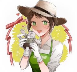 Rule 34 | 1girl, apron, brown hair, cross-shaped pupils, doll, emma woods, eyelashes, flower, freckles, gloves, green apron, hat, holding, holding doll, identity v, open mouth, red eyes, red ribbon, ribbon, short hair, simple background, solo, straw hat, sunflower, symbol-shaped pupils, teeth, toukei, white background, white gloves