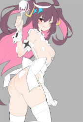 Rule 34 | 1girl, ahoge, apron, ass, breasts, brown hair, cowboy shot, epic seven, grey background, hair ornament, highres, luluca (epic seven), naked apron, one eye closed, pink hair, red eyes, serin199, sideboob, simple background, solo, standing, standing on one leg, tongue, tongue out, wrist cuffs