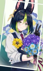 Rule 34 | 1boy, animal ear fluff, animal ears, black gloves, black hair, blue flower, blue hair, blue vest, blunt ends, blush, bouquet, brown eyes, collared shirt, commentary, commentary request, dress shirt, earrings, english commentary, flower, fox boy, fox ears, fox tail, genshin impact, gloves, gradient hair, green background, green eyes, green hair, green pupils, grin, hair between eyes, hand up, highres, holding, holding bouquet, itsumono katze, jewelry, kalpalata lotus, long sleeves, looking at viewer, male focus, mixed-language commentary, multicolored eyes, multicolored hair, necktie, nilotpala lotus (genshin impact), pinstripe pattern, pinstripe vest, purple flower, purple necktie, purple ribbon, ribbon, shirt, short hair, simple background, single earring, sleeves rolled up, smile, solo, streaked hair, striped clothes, striped vest, sumeru rose (genshin impact), tail, teeth, tighnari (genshin impact), v, vertical-striped clothes, vertical-striped vest, vest, white background, white shirt, wing collar, yellow flower
