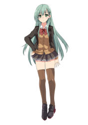 Rule 34 | 1girl, aqua hair, black footwear, bow, bowtie, brown cardigan, brown jacket, brown skirt, brown thighhighs, cardigan, frilled skirt, frills, full body, green eyes, hair ornament, hairclip, hand on own hip, hinase (jet hearts), jacket, kantai collection, loafers, long hair, looking at viewer, open clothes, open jacket, pleated skirt, red bow, red bowtie, school uniform, shoes, simple background, skirt, solo, suzuya (kancolle), suzuya kai ni (kancolle), thighhighs, white background