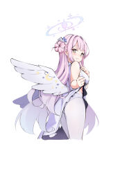 Rule 34 | 1girl, absurdres, angel wings, blue archive, blush, clothes lift, commentary request, dress, dress lift, finger to own chin, flower, grin, hair bun, hair flower, hair ornament, hair scrunchie, halo, highres, komasi, long hair, looking at viewer, low wings, mika (blue archive), panties, panties under pantyhose, pantyhose, pink hair, scrunchie, single hair bun, smile, solo, underwear, white panties, white pantyhose, white wings, wing ornament, wings, yellow eyes