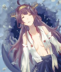 Rule 34 | 10s, ahoge, breasts, bubble, detached sleeves, double bun, closed eyes, hairband, hakama, hakama skirt, highres, japanese clothes, kantai collection, kongou (kancolle), navel, skirt, solo, torn clothes, tsukamoto minori, underwater