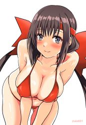 Rule 34 | 1girl, absurdres, aiuti, bikini, black hair, blush, breasts, brown hair, cleavage, collarbone, commission, covered erect nipples, cowboy shot, grey eyes, headband, highres, kumon waka, large breasts, leaning forward, long hair, looking at viewer, phantom breaker, pixiv commission, red bikini, red headband, simple background, smile, solo, swimsuit, very long hair, white background