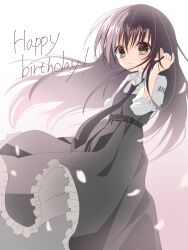 Rule 34 | 1girl, belt, black belt, black dress, black hair, bloom, blush, c22vt1myjpljbnn, closed mouth, collared shirt, commentary, dress, falling petals, feet out of frame, floating clothes, floating hair, green eyes, hair between eyes, hand up, happy, happy birthday, highres, long dress, long hair, long sleeves, looking at viewer, natsume ai, petals, pinafore dress, sakura no toki, shirt, sleeveless, sleeveless dress, sleeves rolled up, smile, solo, standing, symbol-only commentary, white background, white shirt, wind