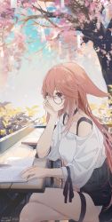 Rule 34 | 1girl, absurdres, alternate costume, animal ears, arm support, bench, bespectacled, blurry, book, casual, cherry blossoms, choker, collarbone, commentary request, contemporary, crossed legs, depth of field, fox ears, genshin impact, glasses, hair between eyes, highres, long hair, long sleeves, looking away, off shoulder, park bench, pink hair, purple eyes, sidelocks, sitting, solo, swkl:d, table, thighlet, tree, wind chime, yae miko