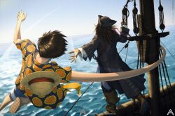 Rule 34 | 2boys, artist name, azizdraws, back, black hair, character name, crossover, dated, dreadlocks, english text, full body, hat, highres, jack sparrow, jewelry, long arms, long hair, monkey d. luffy, multiple boys, ocean, one piece, pirate, pirate costume, pirate hat, pirates of the caribbean, realistic, ring, sandals, ship, short hair, signature, straw hat, watercraft
