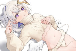 Rule 34 | 1girl, absurdres, ahoge, amane kanata, angel wings, aran sweater, bikini, bikini bottom only, blue hair, blush, bob cut, cable knit, closed mouth, commentary request, cowboy shot, feathered wings, frilled bikini, frills, hair between eyes, halo, hand up, highres, hololive, long sleeves, looking at viewer, multicolored hair, navel, purple eyes, shadow, single hair intake, sleeves past wrists, solo, star halo, sweater, swimsuit, syhan, tongue, tongue out, turtleneck, turtleneck sweater, two-tone hair, virtual youtuber, white background, white bikini, white hair, white sweater, white wings, wings
