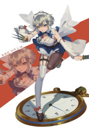 Rule 34 | 1girl, absurdres, bare shoulders, black footwear, black thighhighs, blue eyes, bow, braid, breasts, circle skirt, cleavage, clock, commentary request, cro (artist), detached sleeves, footwear bow, highres, holding, holding weapon, izayoi sakuya, maid, maid headdress, red bow, shoes, short hair, silver hair, smile, thighhighs, touhou, twin braids, weapon, white thighhighs