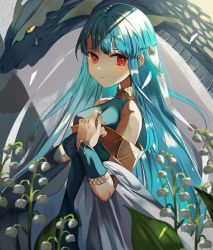 Rule 34 | 1girl, absurdres, bare shoulders, blue hair, cape, chil0107, dragon, dragon horns, dress, fire emblem, fire emblem: the blazing blade, fire emblem heroes, hair ornament, highres, horns, long hair, looking at viewer, ninian (fire emblem), nintendo, pointy ears, red eyes, simple background, slit pupils, smile, solo