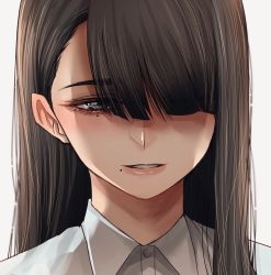 Rule 34 | 1girl, brown hair, collared shirt, hair over one eye, highres, hoshi san 3, long hair, looking at viewer, mole, mole under eye, mole under mouth, one eye covered, original, portrait, shirt, simple background, smile, solo, white background, white shirt, wing collar