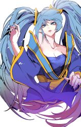 Rule 34 | 1girl, bad id, bad pixiv id, bare shoulders, black nails, blue eyes, blue hair, breasts, cleavage, collarbone, fingernails, hair between eyes, league of legends, long hair, long sleeves, medium breasts, nail polish, nan na, parted lips, pink lips, simple background, solo, sona (league of legends), twintails, white background, wide sleeves