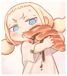 Rule 34 | 1girl, @ @, blue eyes, child, chocolate cornet, eating, food, food on clothes, food on face, holding, holding food, kozato (yu kozato), little blonde girl (kozato), original, simple background, solo, spilling, sweatdrop, twintails, upper body