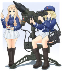 Rule 34 | 10s, 2girls, anti-aircraft, anti-aircraft missile, assault rifle, bc freedom (emblem), bc freedom military uniform, bipod, black footwear, blonde hair, blue background, blue hat, blue jacket, blue vest, boots, bullpup, cake, closed eyes, closed mouth, commentary request, crew-served weapon, dress shirt, drill hair, emblem, famas, food, fork, full body, girls und panzer, gradient background, green eyes, gun, hat, high collar, holding, jacket, kepi, knee boots, light frown, long hair, long sleeves, looking at viewer, man-portable air-defense system, marie (girls und panzer), md5 mismatch, medium hair, messy hair, mikeran (mikelan), military, military hat, military uniform, miniskirt, missile, missile launcher, mistral (missile), multiple girls, oshida (girls und panzer), parted lips, partial commentary, pleated skirt, resolution mismatch, rifle, saucer, shadow, shako cap, shirt, sitting, skirt, source larger, standing, surface-to-air missile, sweatdrop, uniform, vest, weapon, white shirt, white skirt