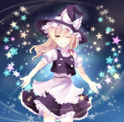 Rule 34 | 1girl, ;d, apron, backlighting, bad id, bad pixiv id, blonde hair, braid, contrapposto, cowboy shot, gradient background, grin, hair ribbon, hat, hat ribbon, high collar, kirisame marisa, light trail, long hair, one eye closed, open hands, open mouth, ribbon, s (smile1203), single braid, skirt, skirt set, smile, solo, standing, star (sky), star (symbol), touhou, tress ribbon, waist apron, witch hat, yellow eyes