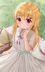 Rule 34 | 1girl, baguette, blanket, blonde hair, blush, bread, closed mouth, collared dress, commentary request, day, dress, food, grass, hair between eyes, hair ornament, hairclip, hand up, hat, hat ribbon, highres, long hair, mimikaki (men bow), original, outdoors, picnic, picnic basket, puffy short sleeves, puffy sleeves, red eyes, ribbon, see-through, see-through sleeves, short sleeves, smile, solo, very long hair, white dress, white hat