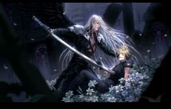 Rule 34 | 2boys, armor, belt, bishounen, black coat, black gloves, black pants, black wings, blonde hair, blood, blood on face, bloody weapon, blue eyes, building, church, cloud strife, coat, falling petals, feathered wings, final fantasy, final fantasy vii, flower, gloves, green eyes, grey hair, hand on another&#039;s head, hand on weapon, high collar, highres, holding, holding sword, holding weapon, indoors, injury, katana, kneeling, light smile, long coat, long hair, long sleeves, lying, male focus, masamune (ff7), multiple boys, on back, open clothes, open coat, pants, parted lips, pauldrons, petals, ry1115275908, sephiroth, short hair, shoulder armor, single pauldron, skyscraper, sleeveless, sleeveless turtleneck, smile, stab, stained glass, suspenders, sword, turtleneck, weapon, white flower, white hair, wings