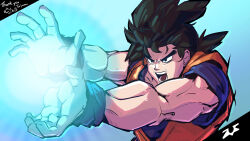 Rule 34 | 1boy, arms up, black hair, blue background, blue light, blue shirt, blue wristband, commentary, dougi, dragon ball, english commentary, highres, incoming attack, jumpsuit, kamehameha (dragon ball), looking ahead, male focus, micro (antisocialmicro), open mouth, orange jumpsuit, shirt, short hair, short sleeves, solo, son goku, spiked hair, thick eyebrows, upper body, wristband