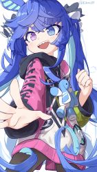 Rule 34 | 1girl, animal ears, blue eyes, blue hair, bright pupils, clenched hand, cowboy shot, heterochromia, highres, hood, hood down, hoodie, horse ears, kiromo, long hair, looking at viewer, low leg, open mouth, outstretched arm, purple eyes, sharp teeth, short eyebrows, smile, solo, stuffed animal, stuffed rabbit, stuffed toy, teeth, tongue, twin turbo (umamusume), twintails, twitter username, umamusume, upper teeth only, white pupils