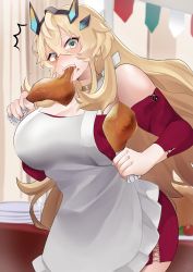 Rule 34 | 1girl, absurdres, apron, bare shoulders, blonde hair, breasts, chicken (food), chicken leg, cleavage, eating, barghest (fate), fate/grand order, fate (series), food, green eyes, highres, horns, jewelry, kubomi 943, large breasts, long hair, long sleeves, looking at viewer, neck ring, off-shoulder sweater, off shoulder, red sweater, solo, sweater, white apron