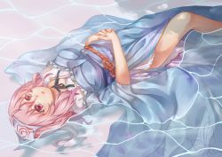 Rule 34 | 1girl, :o, animal print, black ribbon, blue dress, blush, butterfly print, choker, dress, japanese clothes, kimono, looking up, lying, lying on water, on back, own hands clasped, own hands together, partially submerged, pink eyes, pink hair, ribbon, ribbon choker, saigyouji yuyuko, sash, side slit, solo, suo niao, touhou, triangular headpiece, wet, wet clothes, wide sleeves