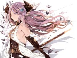 Rule 34 | bare shoulders, belt, braid, breasts, brown gloves, bug, butterfly, cleavage, commentary request, crown braid, draph, elbow gloves, floating hair, from side, gloves, granblue fantasy, hair over one eye, highres, horns, insect, kyuu (plastic night q), long hair, medium breasts, narmaya (granblue fantasy), parted bangs, parted lips, pink hair, pointy ears, polearm, purple eyes, sideboob, simple background, sleeveless, solo, upper body, very long hair, wavy hair, weapon, white background