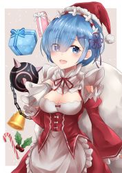 Rule 34 | 10s, 1girl, 28aarts, :d, adapted costume, alternate color, apron, ball and chain (weapon), bell, blue eyes, blue hair, blush, bow, breasts, candy, candy cane, chain, christmas, cleavage, cleavage cutout, clothing cutout, collar, cowboy shot, detached collar, detached sleeves, eyes visible through hair, flail, flower, food, frilled collar, frills, gift, grey background, hair flower, hair ornament, hair over one eye, hand up, hat, holding, looking at viewer, maid, maid headdress, matching hair/eyes, medium breasts, morning star, open mouth, puffy sleeves, purple ribbon, re:zero kara hajimeru isekai seikatsu, red bow, red ribbon, rem (re:zero), ribbon, sack, santa costume, santa hat, smile, snow, solo, spiked ball and chain, waist apron, weapon, white flower, x hair ornament