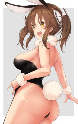 Rule 34 | 10s, 1girl, animal ears, anza tomo, ass, back, bad id, bad pixiv id, bare shoulders, blush, border, bow, breasts, brown hair, commentary request, detached collar, fake animal ears, fluffy collar, grey background, hair bow, idolmaster, idolmaster cinderella girls, large breasts, leotard, looking back, open mouth, playboy bunny, rabbit ears, rabbit tail, sideboob, sidelocks, simple background, smile, solo, tail, totoki airi, twintails, white border, wrist cuffs, yellow eyes
