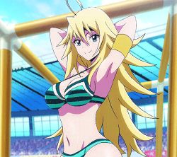 Rule 34 | 1girl, animated, animated gif, armpits, arms behind head, bikini, blonde hair, blowing kiss, blue eyes, bouncing breasts, breasts, cleavage, cloud, heart, keijo!!!!!!!!, kusakai mio, large breasts, looking at viewer, lowres, navel, one eye closed, outdoors, sky, solo, standing, swimsuit, wink