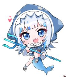 Rule 34 | 1girl, :d, animal hood, blue eyes, blue hair, blue hoodie, blue socks, commentary, drawstring, english commentary, fins, fish tail, full body, gawr gura, gawr gura (1st costume), heart, highres, holding, holding polearm, holding weapon, hololive, hololive english, hood, hood up, hoodie, long hair, long sleeves, looking at viewer, multicolored hair, open mouth, polearm, shark hood, shark tail, sharp teeth, shoes, signature, silver hair, simple background, smile, socks, solo, streaked hair, tail, teeth, tosyeo, trident, v-shaped eyebrows, virtual youtuber, weapon, white background, white footwear, wide sleeves