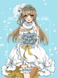 Rule 34 | 1girl, aqua background, artist name, artist request, bare legs, bare shoulders, blush, bouquet, bow, breasts, bridal veil, brown eyes, brown hair, cleavage, collarbone, cross-laced footwear, detached legs, dress, dress bow, earrings, female focus, flower, frilled sleeves, frills, fur trim, grey hair, highres, holding, holding bouquet, holding flower, jewelry, light brown hair, long hair, love live!, love live! school idol festival, love live! school idol project, minami kotori, parted lips, ponytail, rinkoi, side ponytail, skirt, small breasts, smile, solo, tiara, veil, wedding dress, white bow, white dress, white skirt
