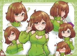 Rule 34 | 1girl, ?, arm up, bare shoulders, blush, bob cut, border, breasts, brown hair, buttons, cleavage, detached sleeves, donkey kong, glasses, green sweater, hand up, heart, holding, holding paper, large breasts, long sleeves, medium breasts, nikki (swapnote), nintendo, paper, parted bangs, pout, puff of air, red-framed eyewear, smile, swapnote, sweat, sweatdrop, sweater, turtleneck, turtleneck sweater, v, viewfinder, vortexexe3