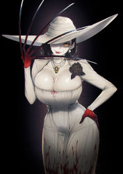 Rule 34 | 1girl, alcina dimitrescu, black background, black flower, black hair, black rose, blood, blood on breasts, blood on clothes, blood on hands, blueorca, breasts, cleavage, corsage, dress, earrings, fingernails, flower, gloves, hand on own hip, hat, highres, jewelry, large breasts, long fingernails, mature female, monster girl, necklace, one eye covered, pale skin, red gloves, resident evil, resident evil village, rose, short hair, white dress, yellow eyes